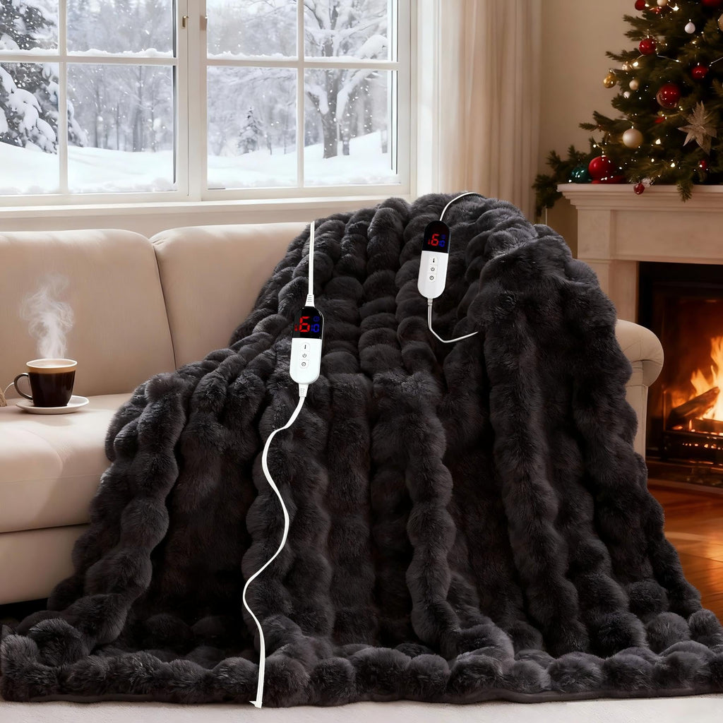 AEPINBH Soft Faux Rabbit Fur Bubble Electric Heated Blanket - DARK GRAY - 84"X90"