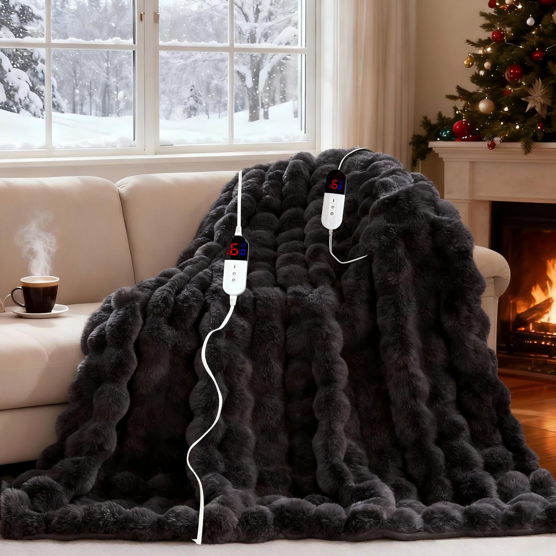 AEPINBH Soft Faux Rabbit Fur Bubble Electric Heated Blanket - DARK GRAY - 84"X90"