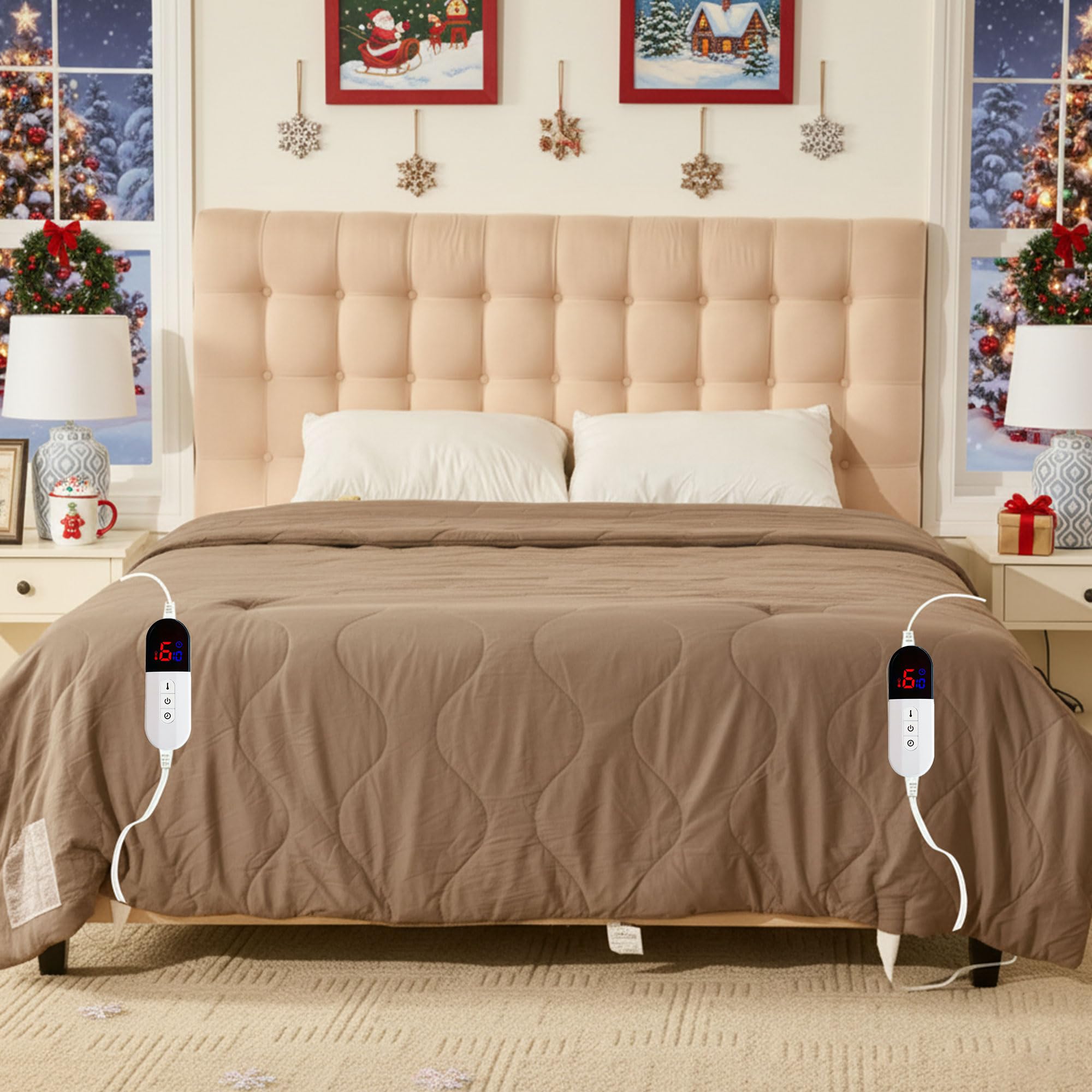 AEPINBH Electric Heated Blanket with Dual Controls, 10 Time Settings & 6 Heat Settings
