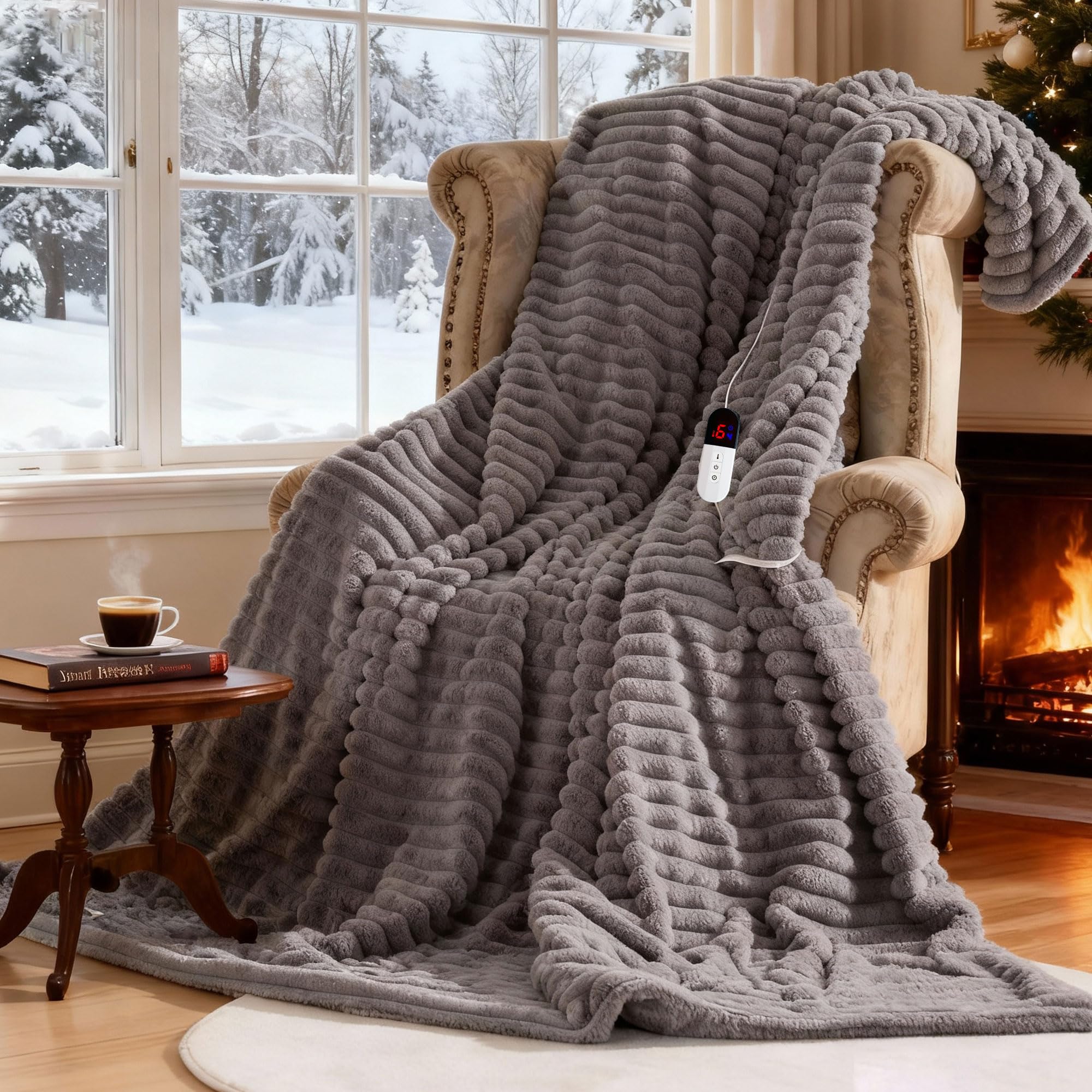 AEPINBH Stripe Faux Rabbit Fur Electric Heated Blanket - Light Gray - 50"X60"