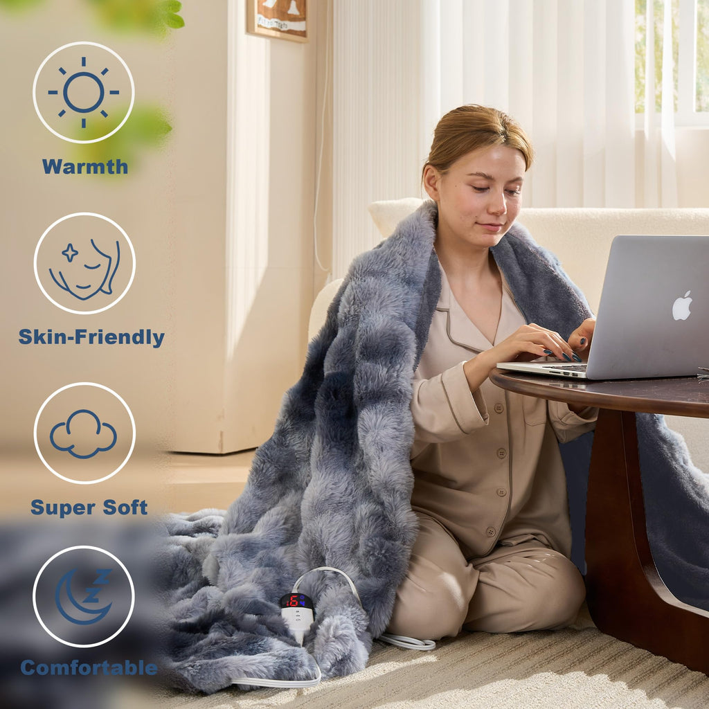AEPINBH Soft Faux Rabbit Fur Bubble Electric Heated Blanket