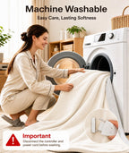 AEPINBH Milky White heated blanket and controller beside a washing machine, with controller-removal care reminder | Color: Milky White