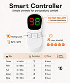 AEPINBH Milky White heated blanket controller showing 10 heat levels, 1 to 8 hour timer and size chart | Color: Milky White