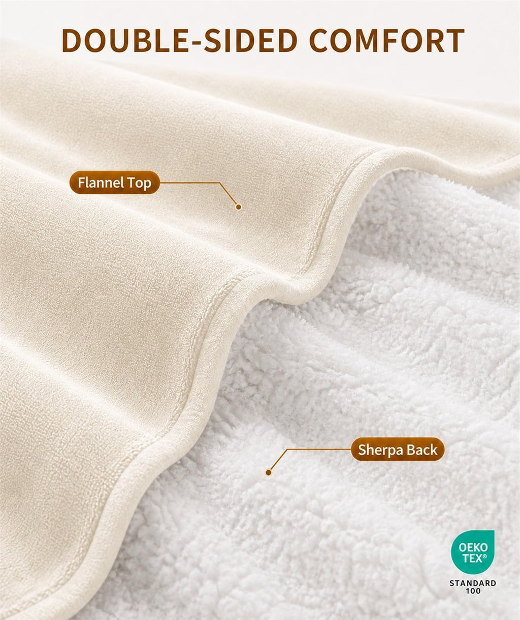 AEPINBH Milky White heated blanket double-sided fabric close-up showing flannel top and Sherpa back | Color: Milky White