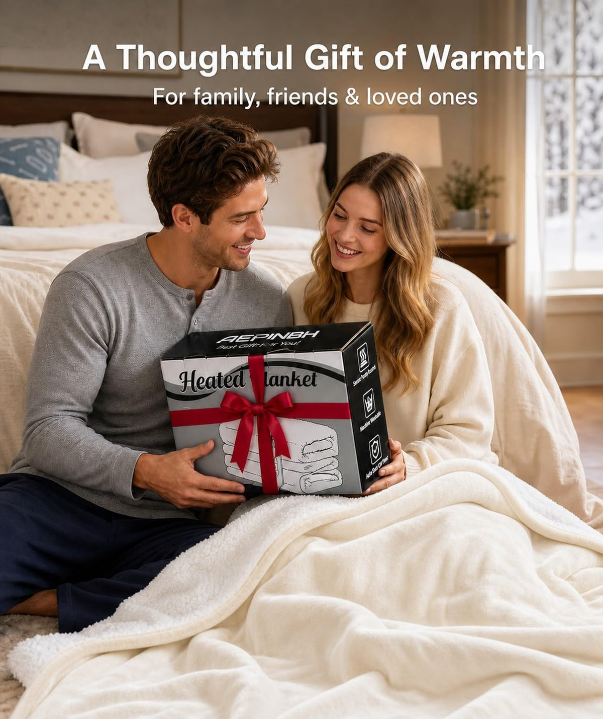 AEPINBH Milky White heated blanket presented as a gift by a couple | Color: Milky White