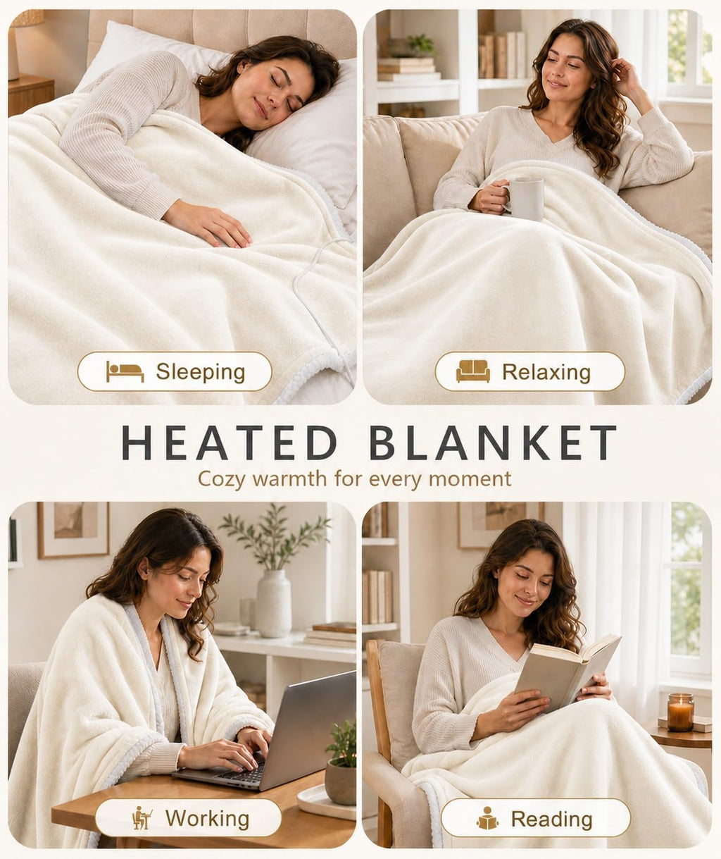 AEPINBH Milky White heated blanket shown for sleeping, relaxing, working and reading | Color: Milky White