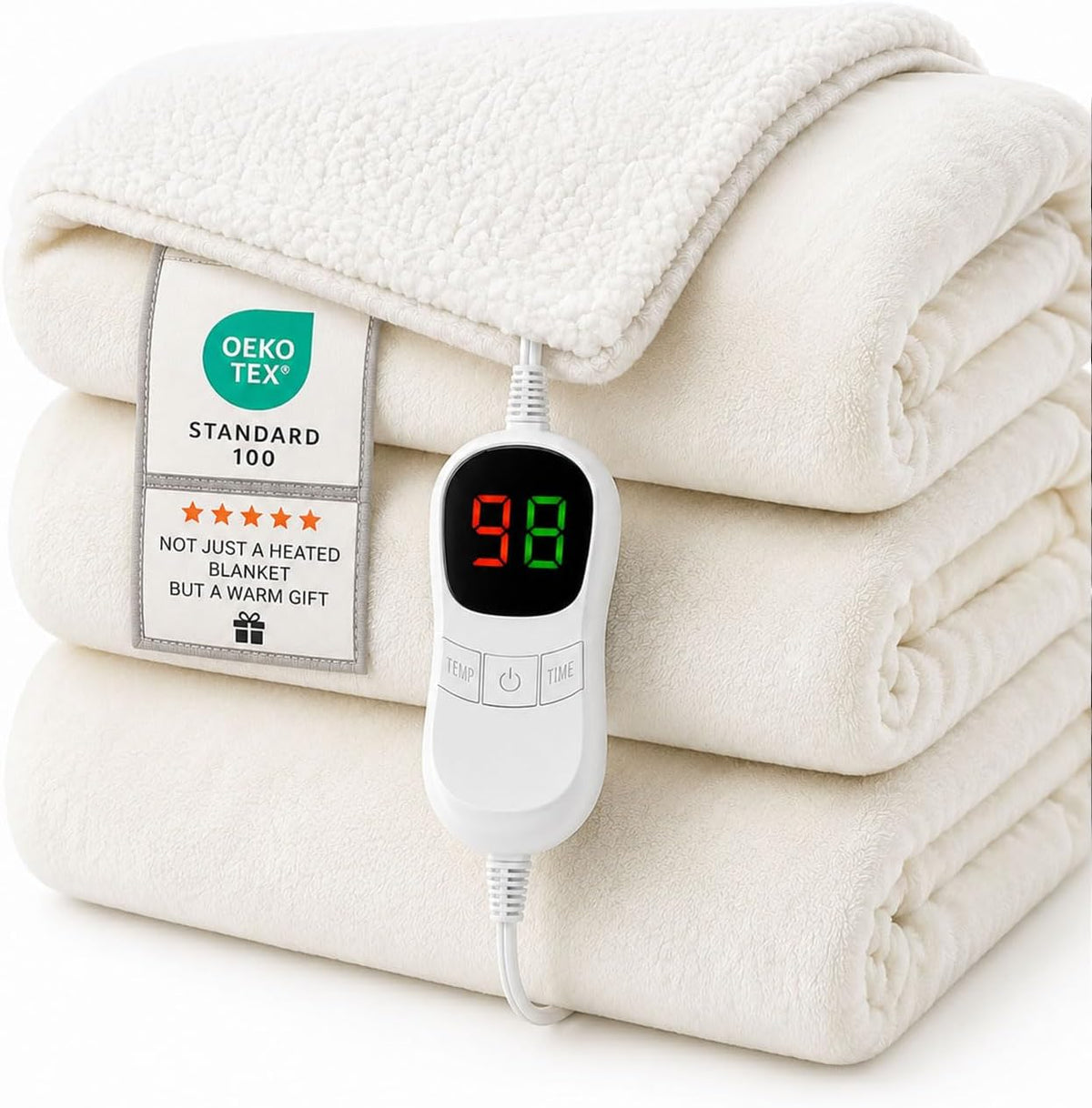 AEPINBH Milky White flannel heated blanket folded with controller and OEKO-TEX Standard 100 label | Color: Milky White | Variant: Milky White / 62 x 84 in | Main image