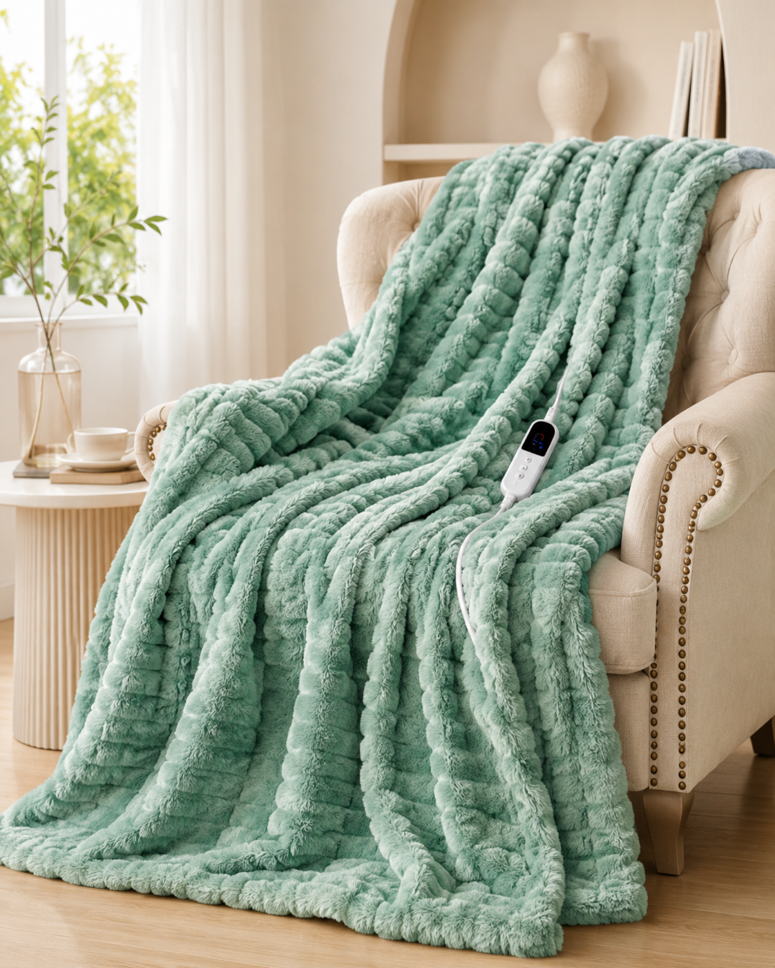 Sage heated blanket in a warm living room